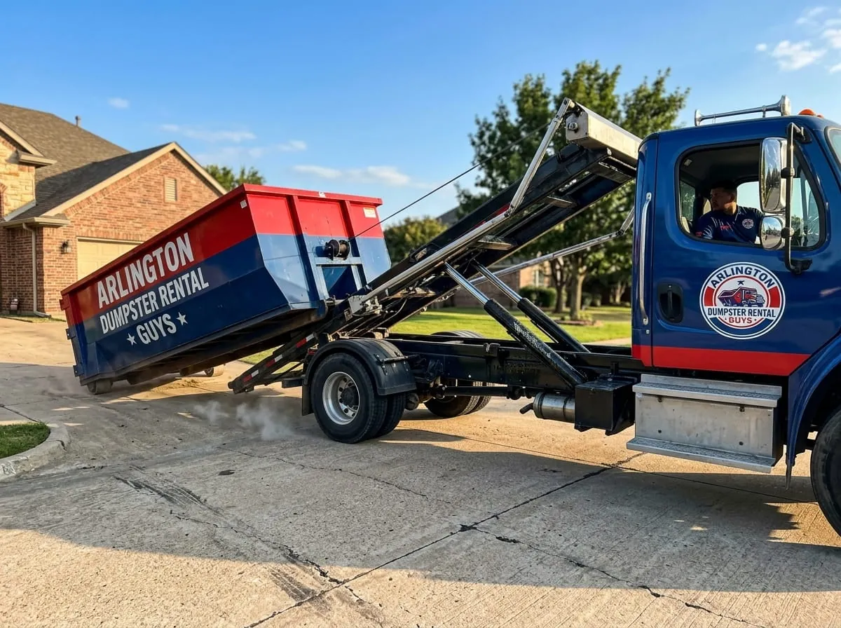 Worker beside a commercial roll-off dumpster from Arlington Dumpster Rental Guys in Arlington, VA