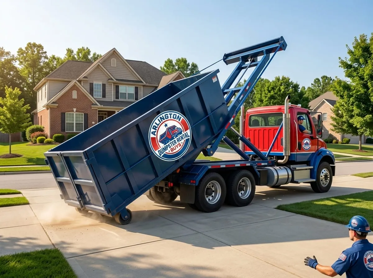 Arlington Dumpster Rental Guys truck delivering a roll-off dumpster to a Arlington VA driveway